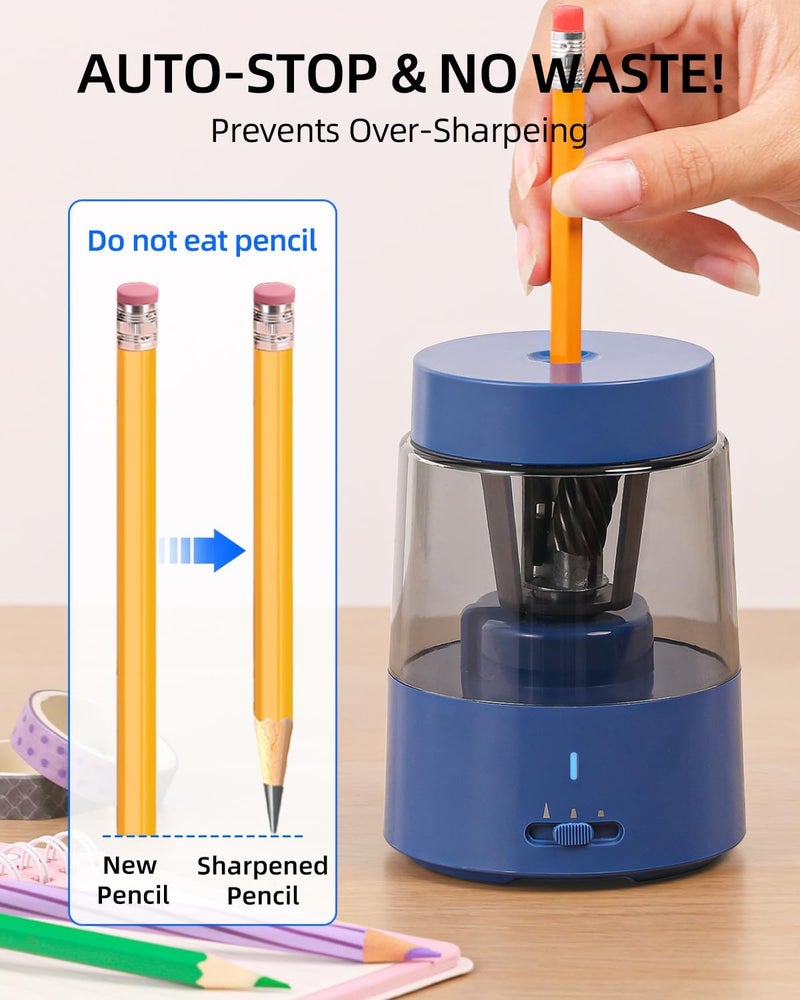 Zmol Electric Rechargeable Pencil Sharpener, Automatic Pencil Sharpeners Kids, Battery Pencil Sharpeners for Colored Pencils, Auto Stop, Suitable for No.2(6-8mm), Classroom/Home Blue - Image 4